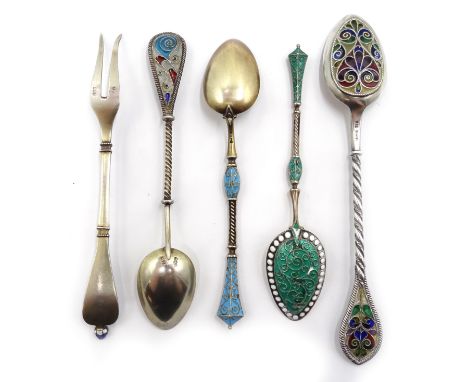 Norwegian silver plique a jour spoon by Marius Hammer, silver enamel serving folk by same maker both stamped MH 900,  silver 