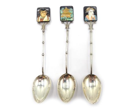 Three Japanese silver coffee spoons with bamboo hafts and satsuma ceramic terminals signed Toshikane Japan (3) Condition Repo