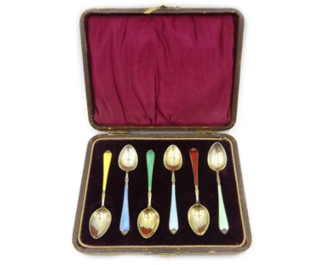 Set of six silver-gilt and enamel coffee spoons by Adie Brothers Ltd, Birmingham 1958, cased Condition Report Click here for 