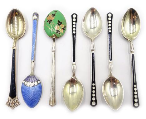 Six silver and enamel coffee spoons by Turner & Simpson, Birmingham 1938/48 and Robert Chandler, Birmingham 1922 and one othe