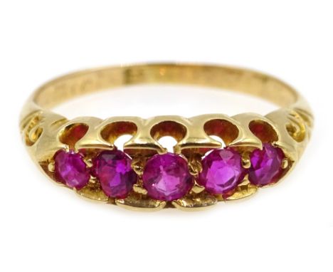 Victorian 18ct gold (tested) five stone ruby ring, inscribed 31st 1897 Condition Report Size N, approx 2.7gmClick here for fu