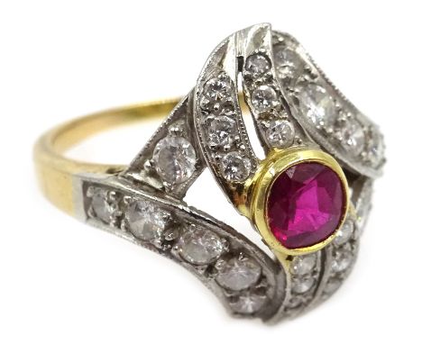 Gold ruby and diamond swirl ring, stamped 18k Condition Report Approx 5.2gm, size P-QClick here for further images, condition