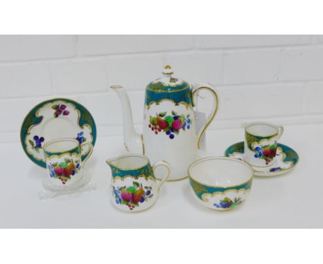 A Crown Staffordshire fruit patterned coffee set comprising six cups, six saucers, cream jug, sugar bowl and coffee pot, (15)