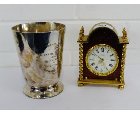 A brass mantle clock and Epns tankard, (2)