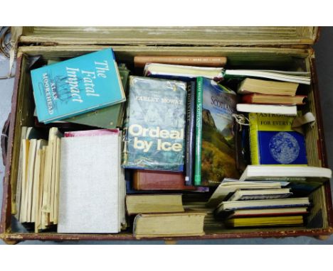 A cabin trunk with vintage travel labels to the exterior, containing a quantity of vintage books to include 'The Fatal Impact