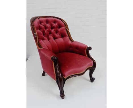 A mahogany show frame button back armchair, upholstered in red velvet fabric,  88 x 64cm 