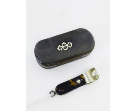 A horn snuff box with white metal inlaid decoration to the hinged lid, together with a tortoiseshell and white metal cigar cu