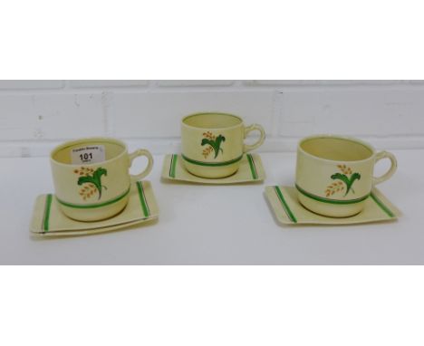 Adams Royal Ivory Titian ware Art Deco 'Sirram' patterned cups and saucers comprising three cups and four saucers, (7) 