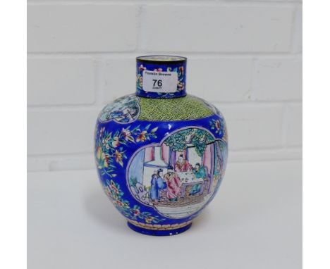 A Chinese enamel vase and cover, the blue floral ground with figural panels, 19cm high