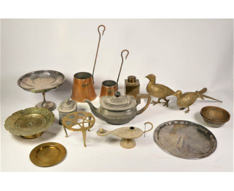 A collection of brass, copper and plated wares, to include a 19th Century lead tea caddy, a three piece tea service, copper m