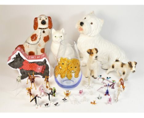 A collection of homewares, to include model ceramic &amp; glass animals, a brass bell &amp; tray, Carltonware leaf dish, Staf