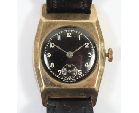 A 9ct rose gold gentleman's manual wind wristwatch, Chester 1938, the black enamel dial with Arabic numerals, the 15 jewel un