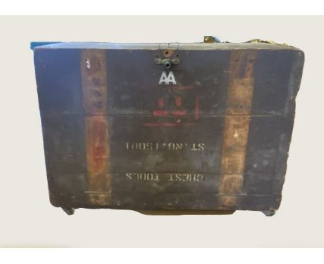 A vintage industrial tool chest stencilled 'Chest Tools ST.NO.15081', opening to reveal aluminium drawers with various tools,