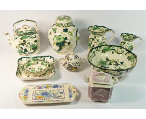 A collection of Masons Ironstone ware 'Chartreuse' to include, large lidded ginger jar, fruit bowl, teapot jugs and graduated