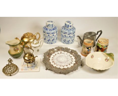 A pair of blue &amp; white Chinese lidded ginger jars, together with ceramic steins, jug &amp; bowl set, plated coffee pot, c