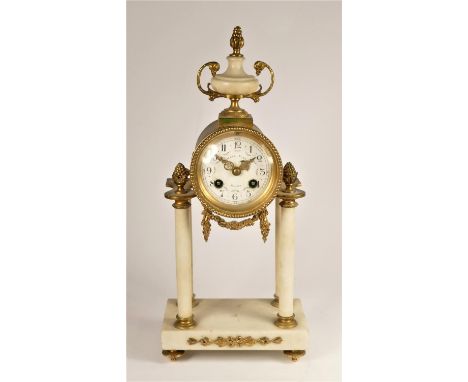 Armand Aubert, Nantes, an early 20th century French gilt metal and white marble mantle clock, the 3" white enamel dial with A