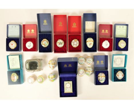 A collection of 'Halcyon Days' enamel trinket boxes and eggs. (some boxed) 