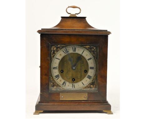 A late 19th Century walnut veneered bracket clock, brass dial with silvered chapter ring, 8 day movement strikes on the hours