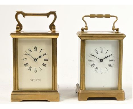 A Mappin &amp; Webb manual wind carriage clock, brass cased, bevelled edge glass panels, white enamelled dial, together with 