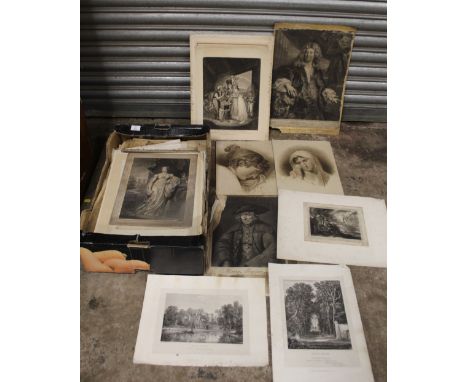 A LARGE QUANTITY OF UNFRAMED ANTIQUE ENGRAVINGS ETC. TO INCLUDE PORTRAIT STUDIES, LANDSCAPES, RELIGIOUS SCENES ETC. 