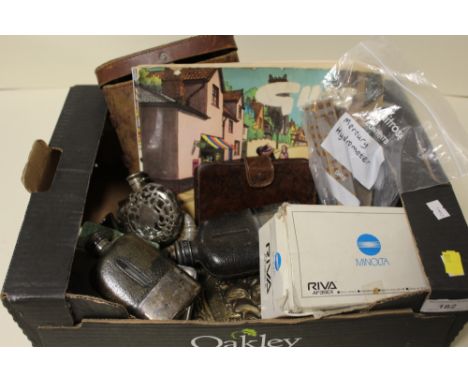 A BOX OF COLLECTABLES TO INCLUDE SILVER PLATED HIP FLASKS, MERCURY HYDROMETER, VINTAGE BINOCULARS ETC. 