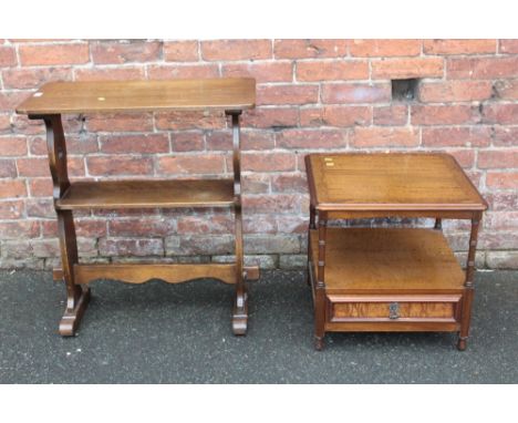 AN OAK TWO TIER HALL TABLE TOGETHER WITH A MAHOGANY TWO TIER LAMP TABLE (2)