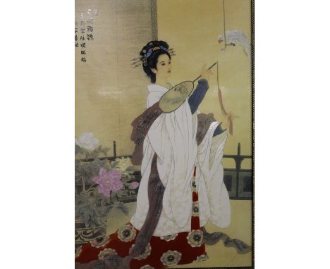 A FRAMED ORIENTAL STYLE CERAMIC PLAQUE OF A LADY 59CM X 39CM 