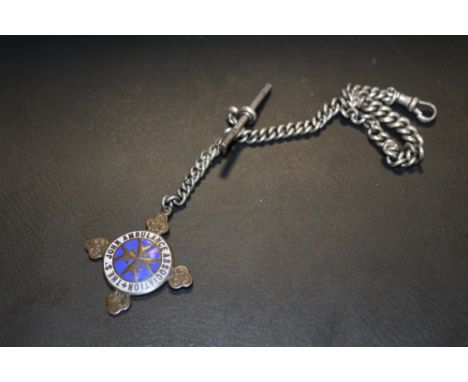 A SILVER POCKET WATCH CHAIN WITH ST JOHNS AMBULANCE FOB 