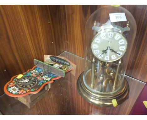 A KUDO GLASS DOME TOPPED MANTLE CLOCK TOGETHER WITH A CUCKOO CLOCK (2)