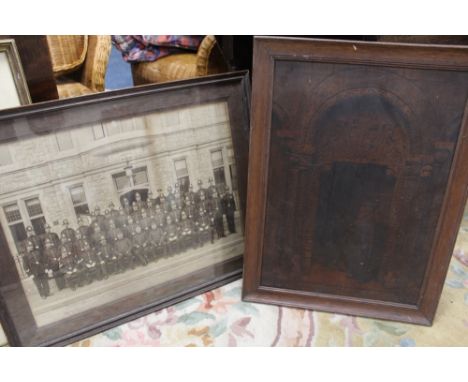 A LARGE FRAMED AND GLAZED PASTEL OF A COASTAL SCENE BY A PILKINGTON TOGETHER WITH A VINTAGE PHOTOGRAPH OF A POLICE SQUAD, A J