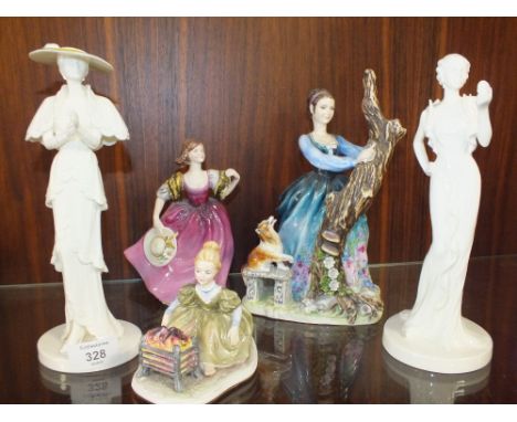 A COLLECTION OF CERAMIC FIGURES TO INCLUDE TWO COALPORT HIGH SOCIETY FIGURES (5) 