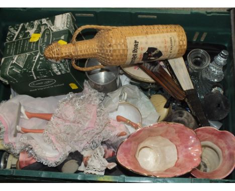 FOUR TRAYS OF CERAMICS AND SUNDRIES TO INCLUDE A MODEL SHIP, CERAMIC FIGURES ETC 