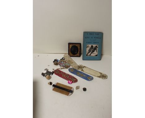 A CARVED BLACK JET STONE PHOTO FRAME WITH INSET PHOTO, A SIGNED JAPANESE HAIR COMB, LOVE IN TONGA BOOK, ETC