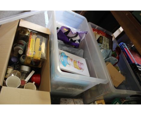 THREE BOXES OF ASSORTED HOUSEHOLD SUNDRIES TO INCLUDE PACKAGED LINEN, R/C CAR ETC