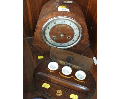 A VINTAGE OAK MANTEL CLOCKS, TOGETHER WITH A WOODEN TRIPLE INKWELL STAND (2) 