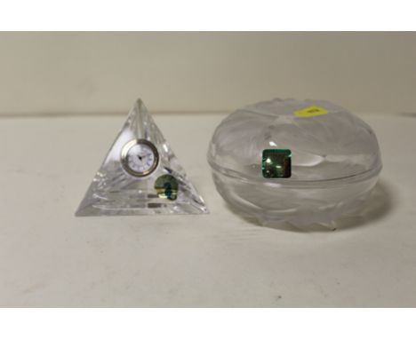 A SMALL WATERFORD CRYSTAL CLOCK AND A MARQUIS BY WATERFORD FLORAL TRINKET POT (2) 