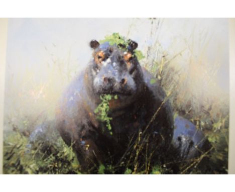 AN UNFRAMED SIGNED LIMITED EDITION DAVID SHEPHERD PRINT ENTITLED HAPPY HIPPO 304/1500