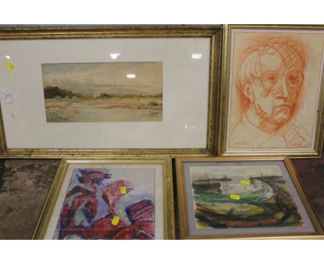 FOUR ASSORTED PICTURES TO INCLUDE A WATERCOLOUR, CRAYON PORTRAIT STUDY ETC. 