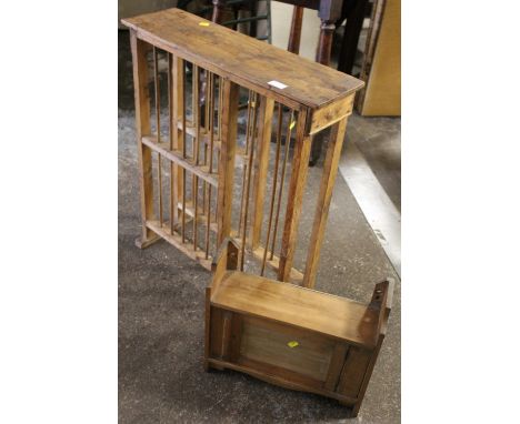 A VINTAGE SMALL PINE CUPBOARD AND STANDING PLATE RACK