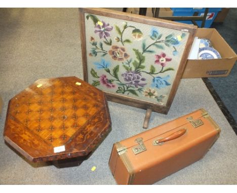 A VINTAGE INLAID TABLE - H 32 CM TOGETHER WITH A GLAZED TAPESTRY FIRE SCREEN AND A SUIT CASE (3)