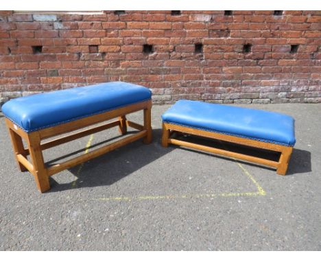 TWO VINTAGE HEAVY OAK UPHOLSTERED CHURCH TYPE STOOLS, LARGEST - H 44, L 84 CM (2)