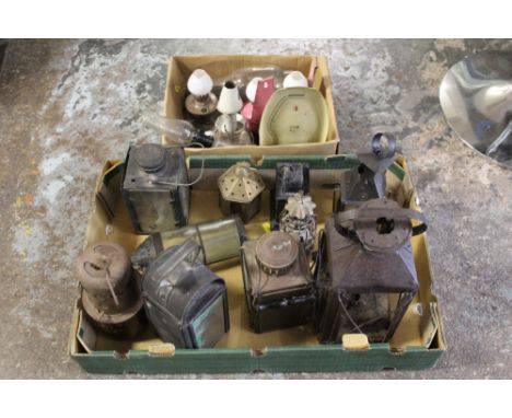 TWO BOXES OF VINTAGE LANTERNS, OIL BURNING LAMPS ETC. 