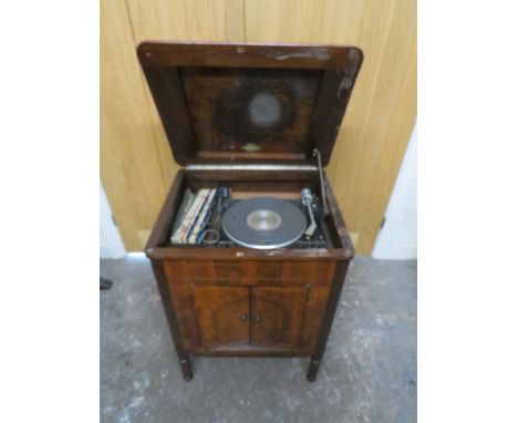 A VICTORIAN WALNUT CASED RECORD PLAYER WITH A GARRARD RECORD PLAYER (CONVERTED) A/F