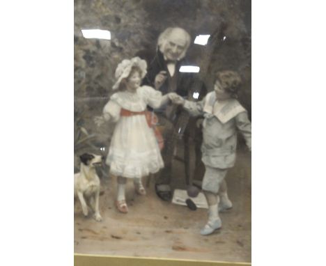 A LARGE FRAMED AND GLAZED ANTIQUE PRINT OF A GENTLEMAN AND CHILDREN 59CM X 42CM 