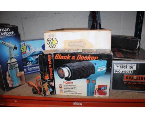 A SELECTION OF BOXED POWER TOOLS TO INC AN ANGLE GRINDER, HEAT GUN, BLOWTORCH, CAR WASH SYSTEM ETC