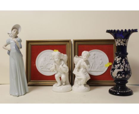 A PAIR OF ROYAL COPENHAGEN PLAQUES TOGETHER WITH A NAO LADY FIGURE, PAIR OF BASKET CARRIER  VASES AND A BLUE GLASS FRILLED TO