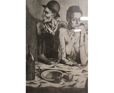 A FRAMED AND GLAZED PICASSO ENGRAVING PRINT ENTITLED 'LA COMEDIA FRUGAL' 48CM X 39CM 