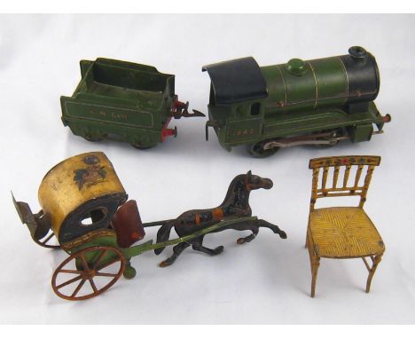 A vintage tinplate horse and two wheeled open carriage, AF,  a Hornby O Gauge engine and tender, LNER livery, motor missing, 