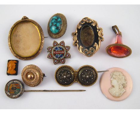 A mixed lot comprising a pendant seal, two loose cameos, six untested brooches and a stick pin.   All untested and/or in need