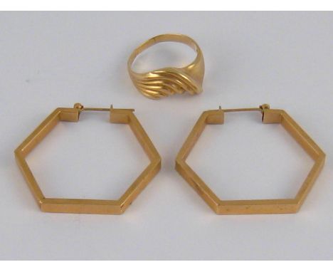 A pair of hexagonal yellow metal (tests 14 carat gold) earrings, approx 3.5cm wide, together with a similar ring. Gross weigh